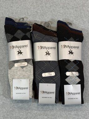 10W Apparel Men's 9 Pairs Assorted Jacquard Argyle Dress Socks Size 10-13 NWT